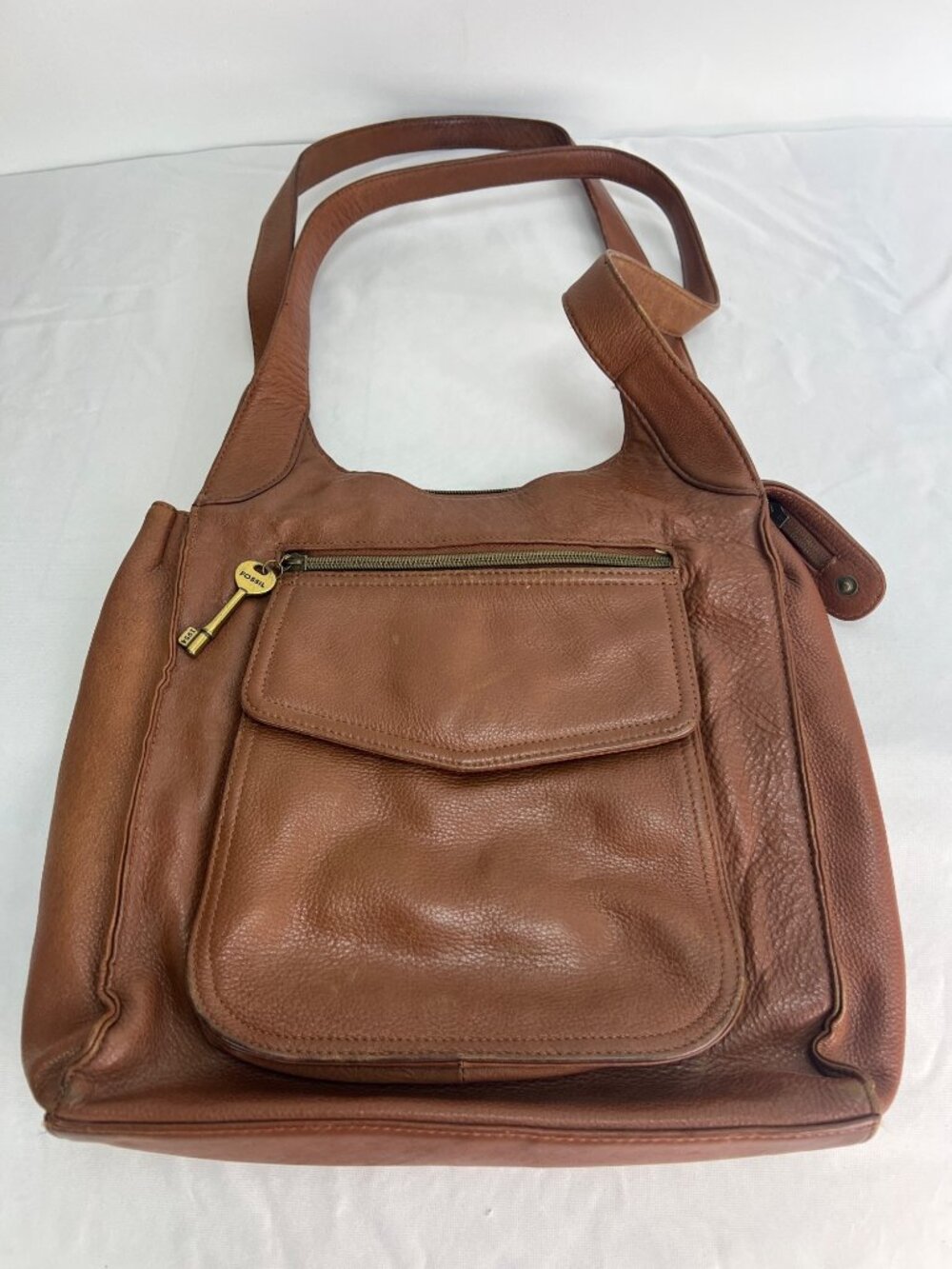 Fossil Brown Genuine Leather Shoulder Bag With Front Pocket And Zippered Compart